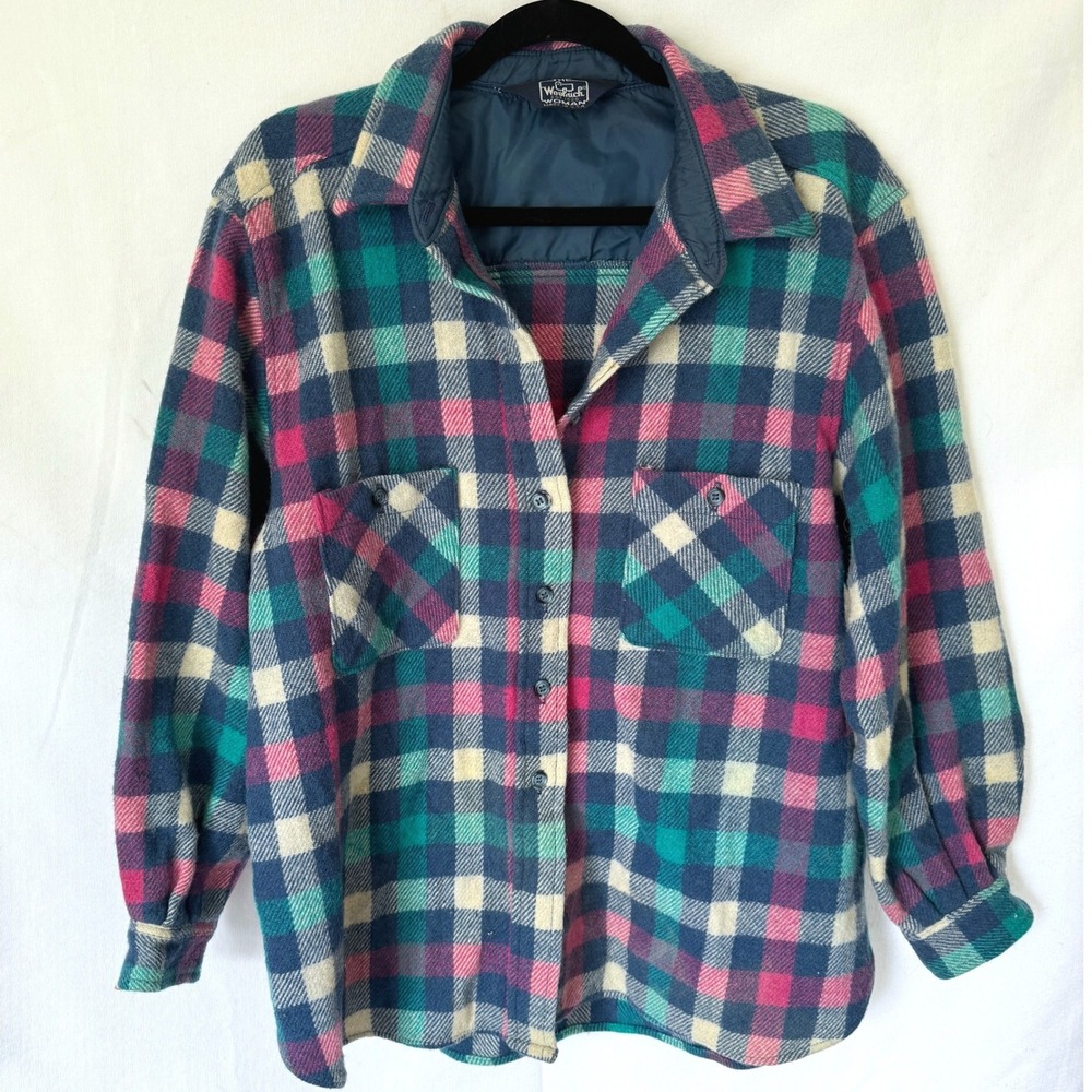 Vintage Woolrich Woman 80s USA Made Plaid Wool Flannel Shirt‎ Blue Pink Gorp